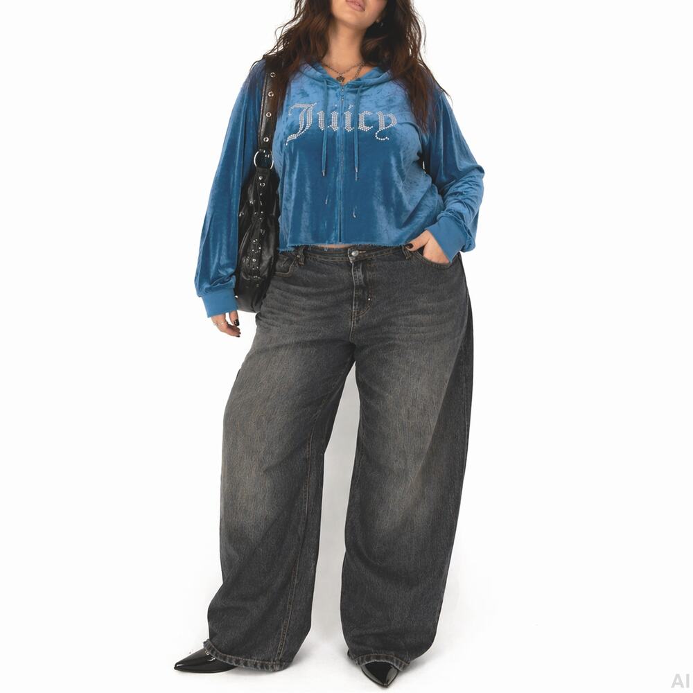 Juicy Couture Velour Cropped Hoodie Blue XL Y2K Bling Indie Sleaze - Picture 3 of 10